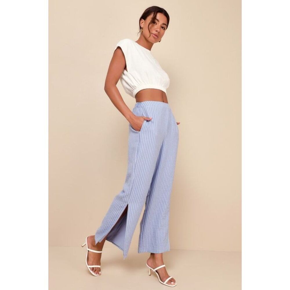 Lulus Sweetly Content Blue Striped High-rise Straight Leg Pants - Size S